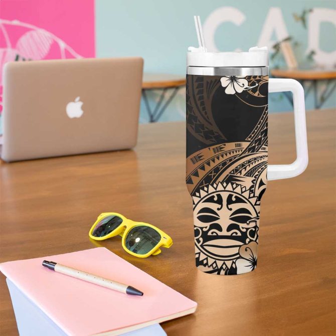 Aotearoa Kia Ora New Zealand Ta Moko Gold Custom Stanley Quencher 40Oz Stainless Steel Tumbler With Handle - Image 5