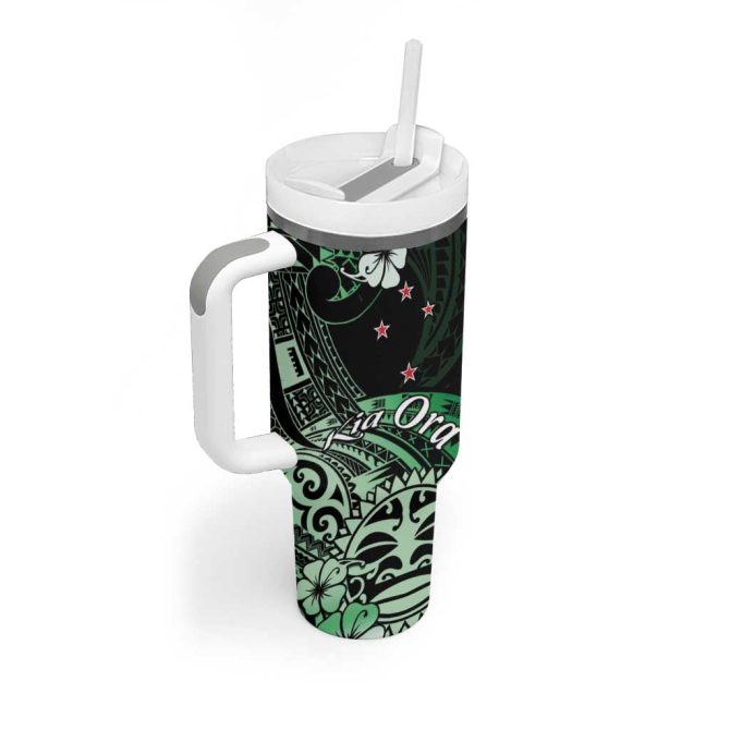 Aotearoa Kia Ora New Zealand Ta Moko Green Custom Stanley Quencher 40Oz Stainless Steel Tumbler With Handle - Image 2