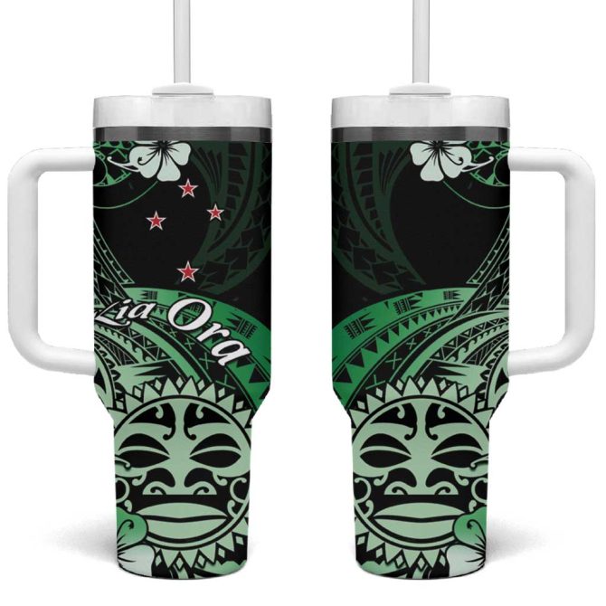 Aotearoa Kia Ora New Zealand Ta Moko Green Custom Stanley Quencher 40Oz Stainless Steel Tumbler With Handle