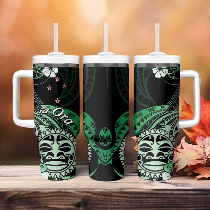 Aotearoa Kia Ora New Zealand Ta Moko Green Custom Stanley Quencher 40Oz Stainless Steel Tumbler With Handle - Image 4