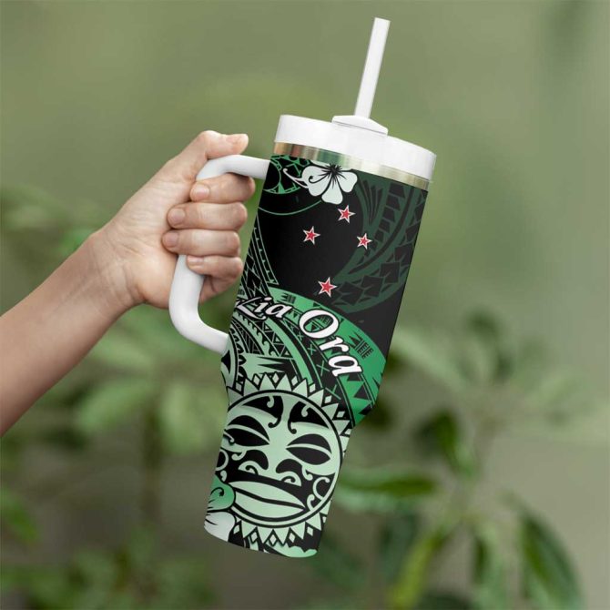 Aotearoa Kia Ora New Zealand Ta Moko Green Custom Stanley Quencher 40Oz Stainless Steel Tumbler With Handle - Image 3
