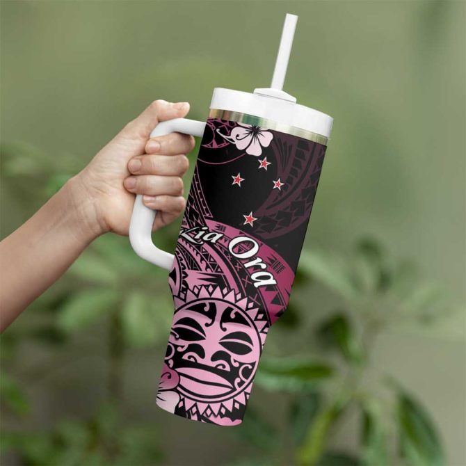 Aotearoa Kia Ora New Zealand Ta Moko Pink Custom Stanley Quencher 40Oz Stainless Steel Tumbler With Handle - Image 3