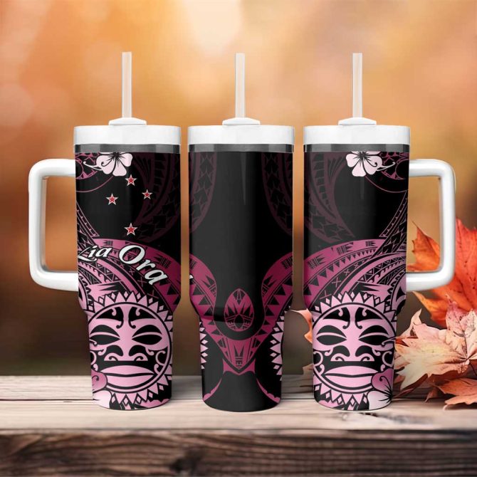 Aotearoa Kia Ora New Zealand Ta Moko Pink Custom Stanley Quencher 40Oz Stainless Steel Tumbler With Handle - Image 4