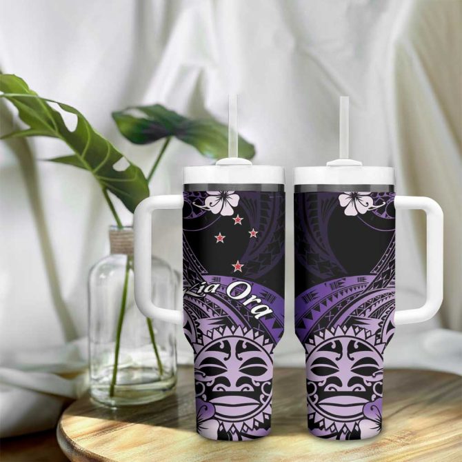 Aotearoa Kia Ora New Zealand Ta Moko Purple Custom Stanley Quencher 40Oz Stainless Steel Tumbler With Handle - Image 9