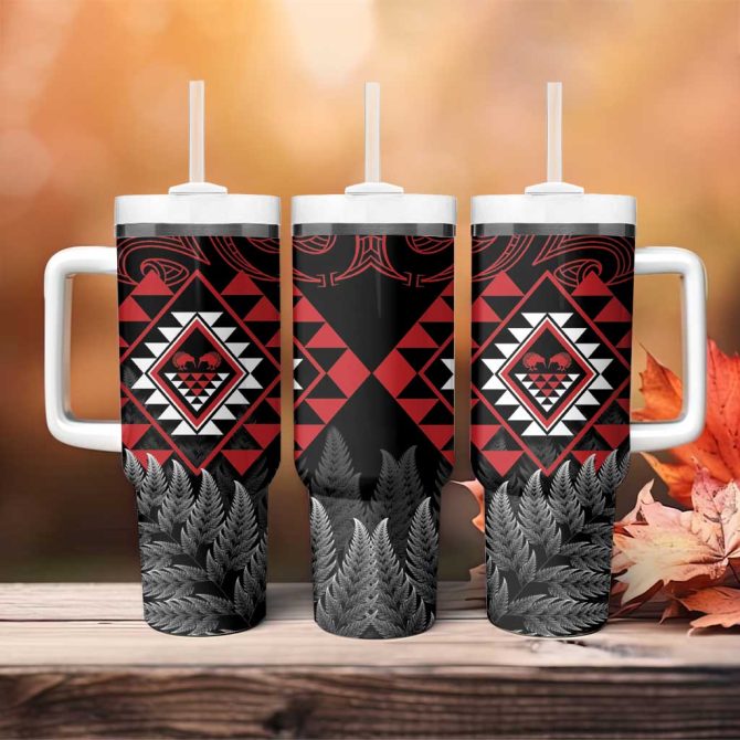 Aotearoa Kiwi Taniko Silver Fern With Maori Koru Custom Stanley Quencher 40Oz Stainless Steel Tumbler With Handle - Image 4