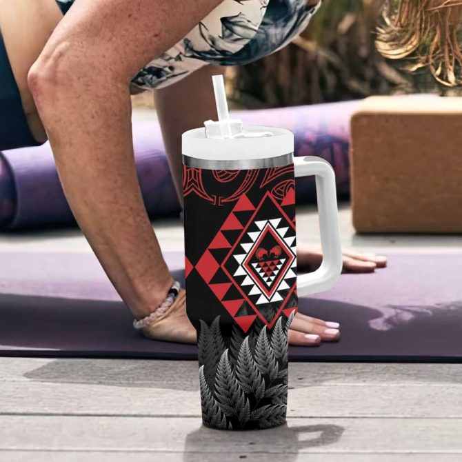 Aotearoa Kiwi Taniko Silver Fern With Maori Koru Custom Stanley Quencher 40Oz Stainless Steel Tumbler With Handle - Image 6