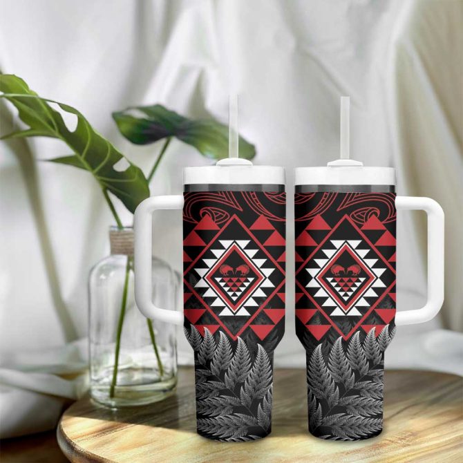 Aotearoa Kiwi Taniko Silver Fern With Maori Koru Custom Stanley Quencher 40Oz Stainless Steel Tumbler With Handle - Image 9