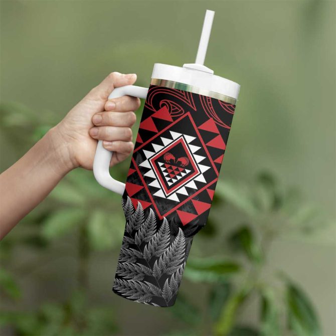 Aotearoa Kiwi Taniko Silver Fern With Maori Koru Custom Stanley Quencher 40Oz Stainless Steel Tumbler With Handle - Image 3