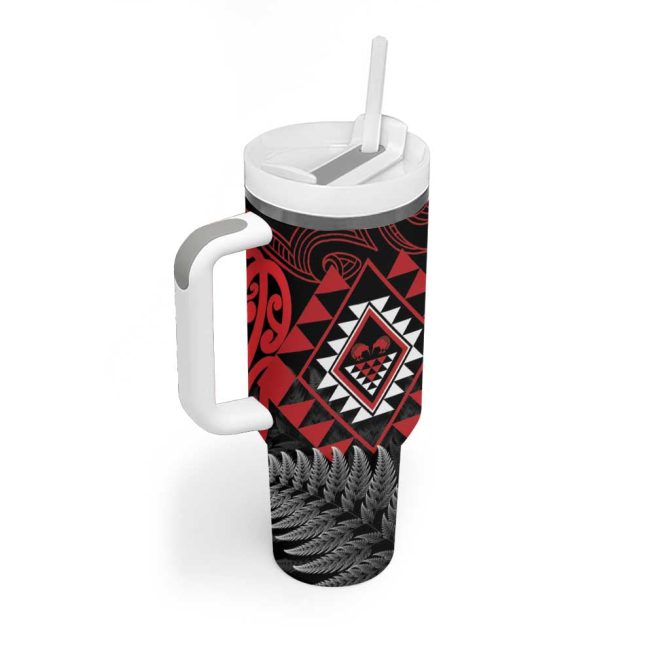 Aotearoa Kiwi Taniko Silver Fern With Maori Koru Custom Stanley Quencher 40Oz Stainless Steel Tumbler With Handle - Image 2