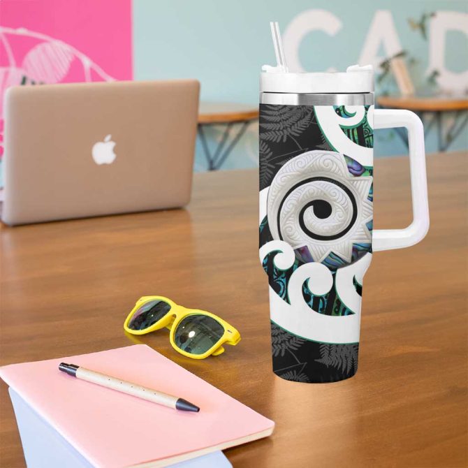 Aotearoa Koru Cyan Maori Paua Shell Mix Silver Fern Custom Stanley Quencher 40Oz Stainless Steel Tumbler With Handle - Image 5