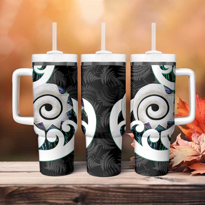 Aotearoa Koru Cyan Maori Paua Shell Mix Silver Fern Custom Stanley Quencher 40Oz Stainless Steel Tumbler With Handle - Image 4