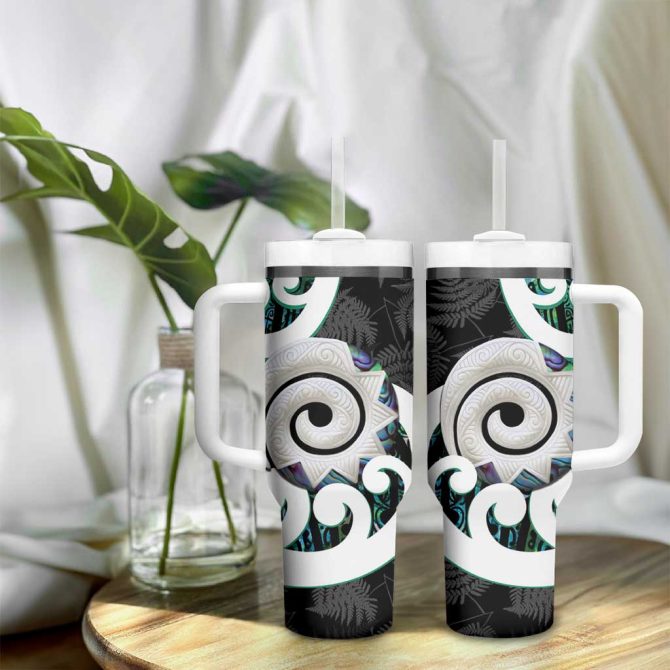 Aotearoa Koru Cyan Maori Paua Shell Mix Silver Fern Custom Stanley Quencher 40Oz Stainless Steel Tumbler With Handle - Image 9