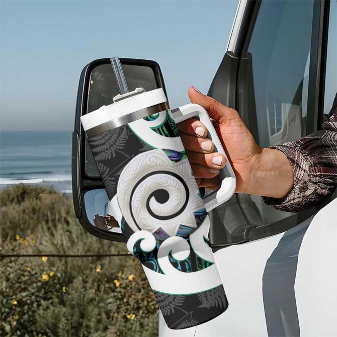 Aotearoa Koru Cyan Maori Paua Shell Mix Silver Fern Custom Stanley Quencher 40Oz Stainless Steel Tumbler With Handle - Image 7