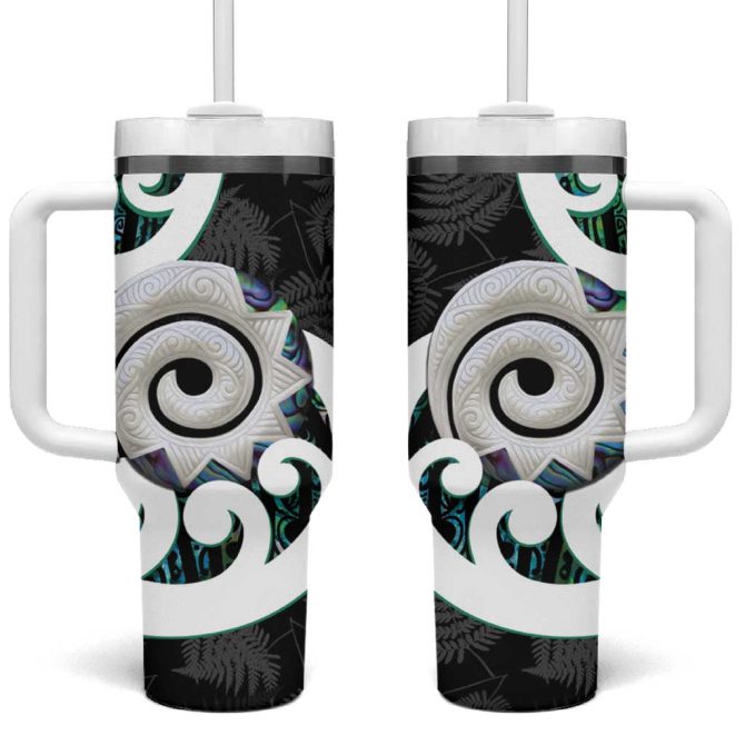 Aotearoa Koru Cyan Maori Paua Shell Mix Silver Fern Custom Stanley Quencher 40Oz Stainless Steel Tumbler With Handle