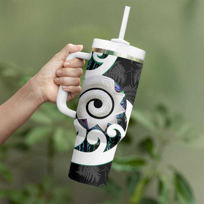 Aotearoa Koru Cyan Maori Paua Shell Mix Silver Fern Custom Stanley Quencher 40Oz Stainless Steel Tumbler With Handle - Image 3
