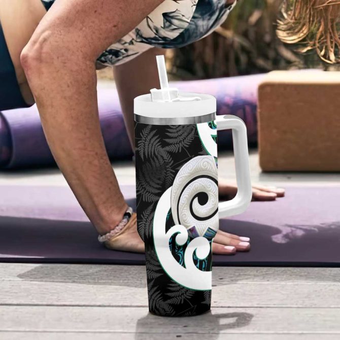 Aotearoa Koru Cyan Maori Paua Shell Mix Silver Fern Custom Stanley Quencher 40Oz Stainless Steel Tumbler With Handle - Image 6