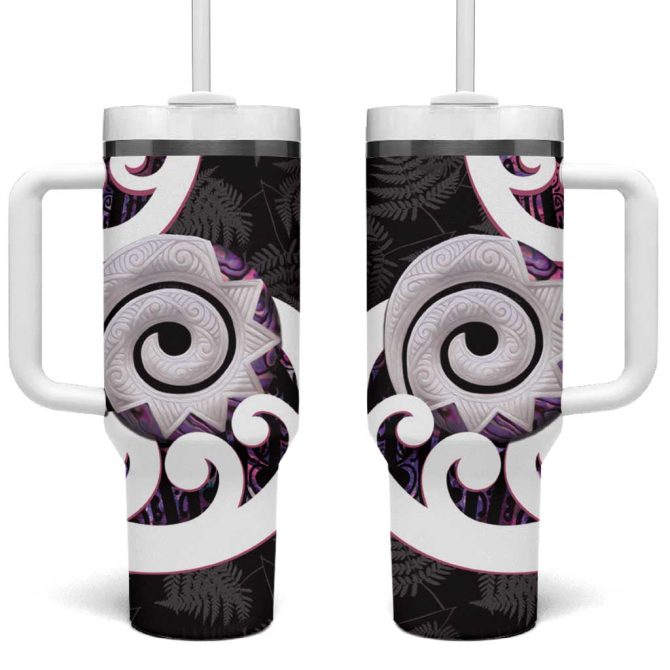 Aotearoa Koru Purple Maori Paua Shell Mix Silver Fern Custom Stanley Quencher 40Oz Stainless Steel Tumbler With Handle