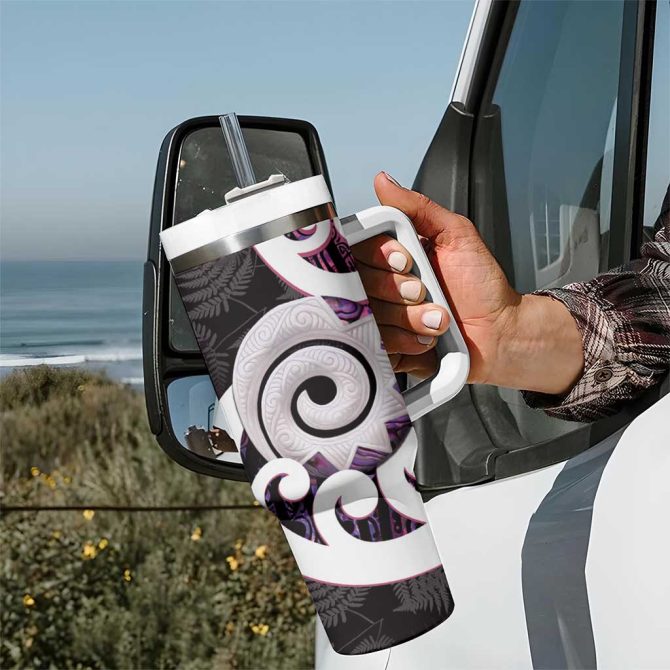 Aotearoa Koru Purple Maori Paua Shell Mix Silver Fern Custom Stanley Quencher 40Oz Stainless Steel Tumbler With Handle - Image 7