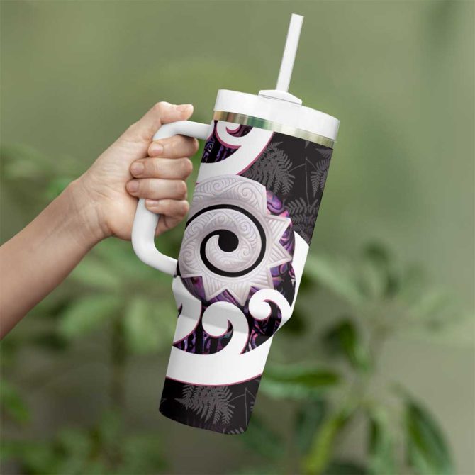 Aotearoa Koru Purple Maori Paua Shell Mix Silver Fern Custom Stanley Quencher 40Oz Stainless Steel Tumbler With Handle - Image 3