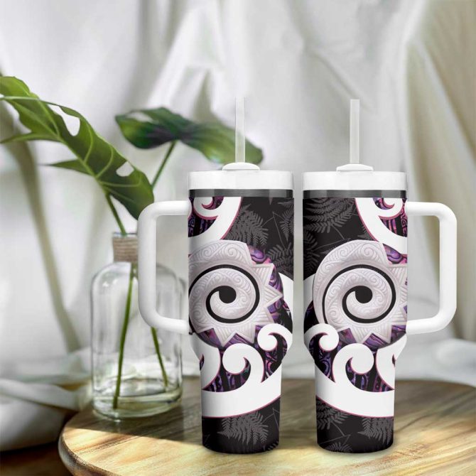 Aotearoa Koru Purple Maori Paua Shell Mix Silver Fern Custom Stanley Quencher 40Oz Stainless Steel Tumbler With Handle - Image 9