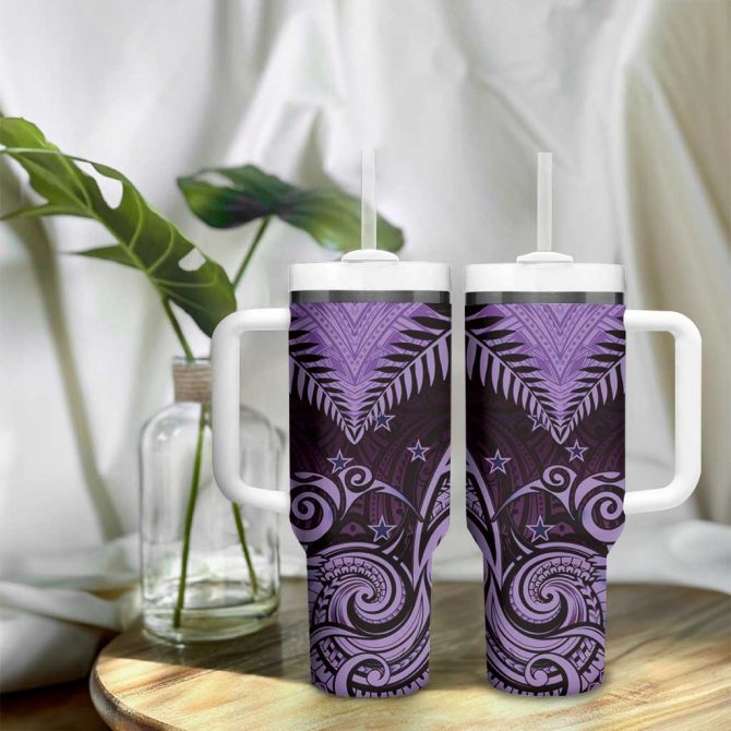 Aotearoa Maori Kiwi Purple Fern Custom Stanley Quencher 40Oz Stainless Steel Tumbler With Handle - Image 9