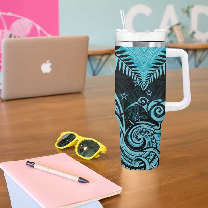 Aotearoa Maori Kiwi Turquoise Fern Custom Stanley Quencher 40Oz Stainless Steel Tumbler With Handle - Image 5