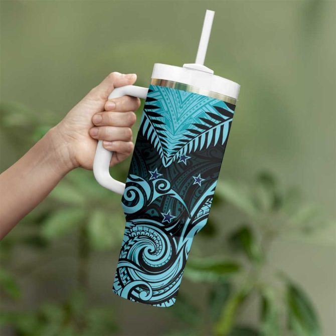 Aotearoa Maori Kiwi Turquoise Fern Custom Stanley Quencher 40Oz Stainless Steel Tumbler With Handle - Image 3