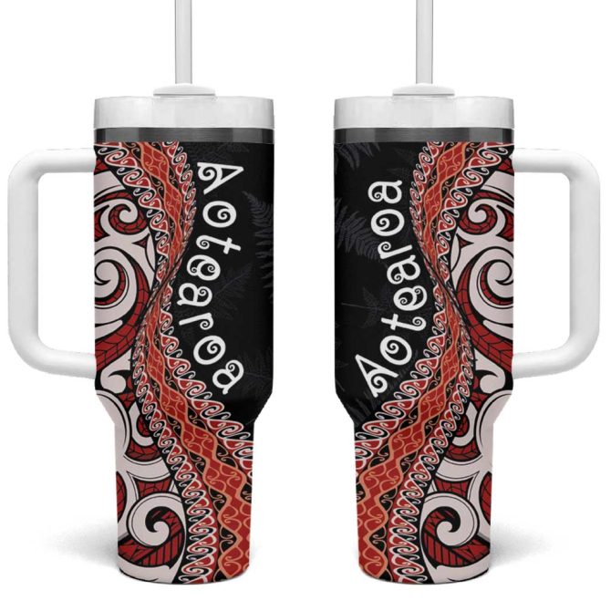 Aotearoa Maori Stylized Koru Silver Ferns Custom Stanley Quencher 40Oz Stainless Steel Tumbler With Handle