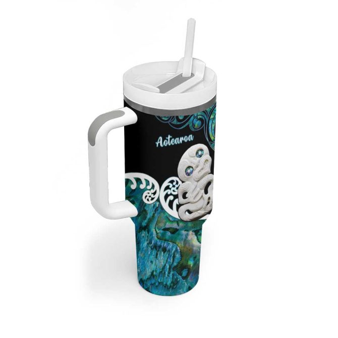 Aotearoa New Zealand Paua Shell Fern Koru With Maori Hei Tiki Custom Stanley Quencher 40Oz Stainless Steel Tumbler With Handle - Image 2