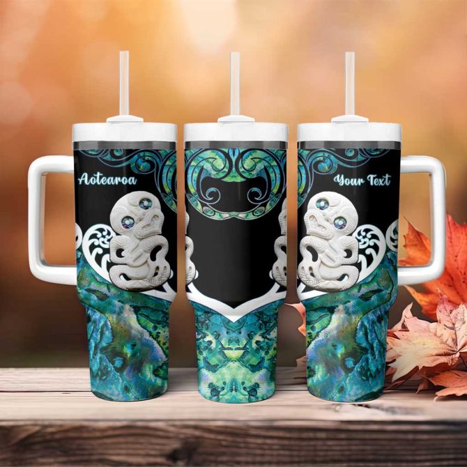 Aotearoa New Zealand Paua Shell Fern Koru With Maori Hei Tiki Custom Stanley Quencher 40Oz Stainless Steel Tumbler With Handle - Image 4