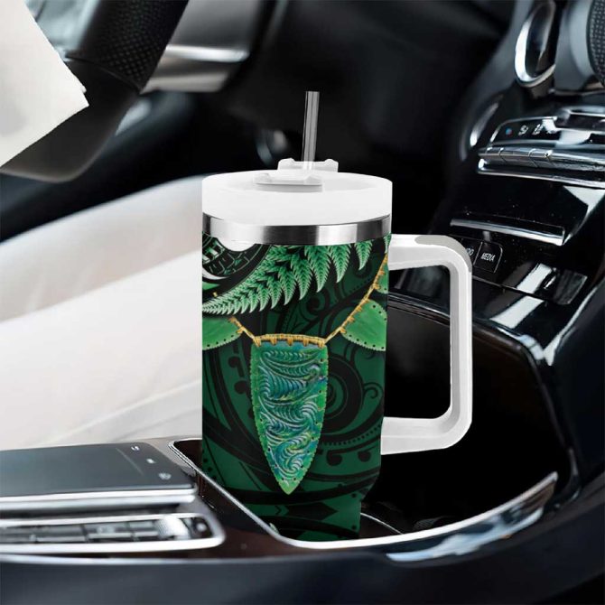Aotearoa Pounamu Niho Silver Fern Mix Maori Green Custom Stanley Quencher 40Oz Stainless Steel Tumbler With Handle - Image 8