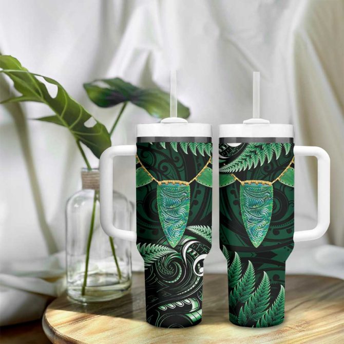 Aotearoa Pounamu Niho Silver Fern Mix Maori Green Custom Stanley Quencher 40Oz Stainless Steel Tumbler With Handle - Image 9