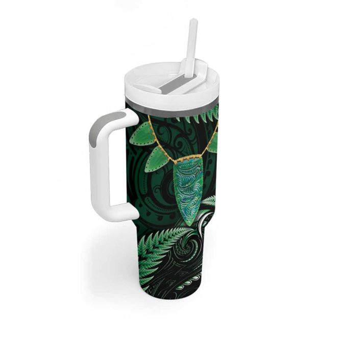 Aotearoa Pounamu Niho Silver Fern Mix Maori Green Custom Stanley Quencher 40Oz Stainless Steel Tumbler With Handle - Image 2