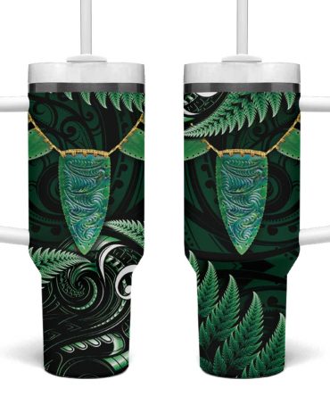 Aotearoa Pounamu Niho Silver Fern Mix Maori Green Custom Stanley Quencher 40Oz Stainless Steel Tumbler With Handle