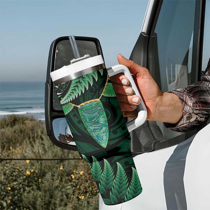 Aotearoa Pounamu Niho Silver Fern Mix Maori Green Custom Stanley Quencher 40Oz Stainless Steel Tumbler With Handle - Image 7