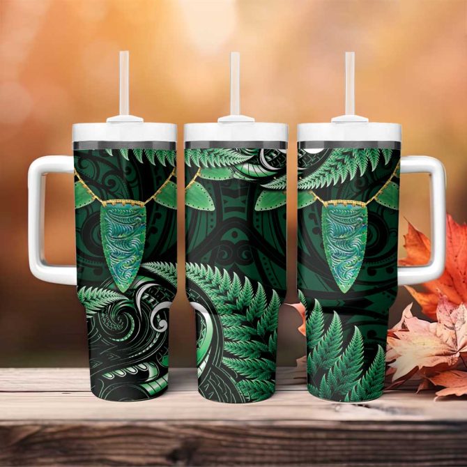 Aotearoa Pounamu Niho Silver Fern Mix Maori Green Custom Stanley Quencher 40Oz Stainless Steel Tumbler With Handle - Image 4