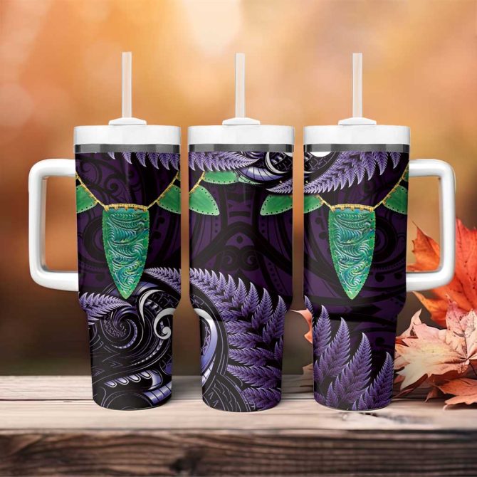 Aotearoa Pounamu Niho Silver Fern Mix Maori Purple Custom Stanley Quencher 40Oz Stainless Steel Tumbler With Handle - Image 4