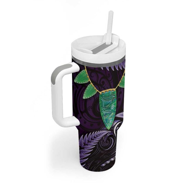 Aotearoa Pounamu Niho Silver Fern Mix Maori Purple Custom Stanley Quencher 40Oz Stainless Steel Tumbler With Handle - Image 2