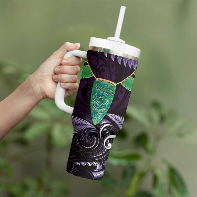 Aotearoa Pounamu Niho Silver Fern Mix Maori Purple Custom Stanley Quencher 40Oz Stainless Steel Tumbler With Handle - Image 3