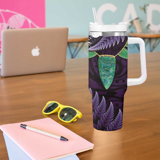 Aotearoa Pounamu Niho Silver Fern Mix Maori Purple Custom Stanley Quencher 40Oz Stainless Steel Tumbler With Handle - Image 5