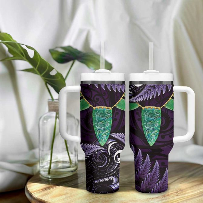 Aotearoa Pounamu Niho Silver Fern Mix Maori Purple Custom Stanley Quencher 40Oz Stainless Steel Tumbler With Handle - Image 9