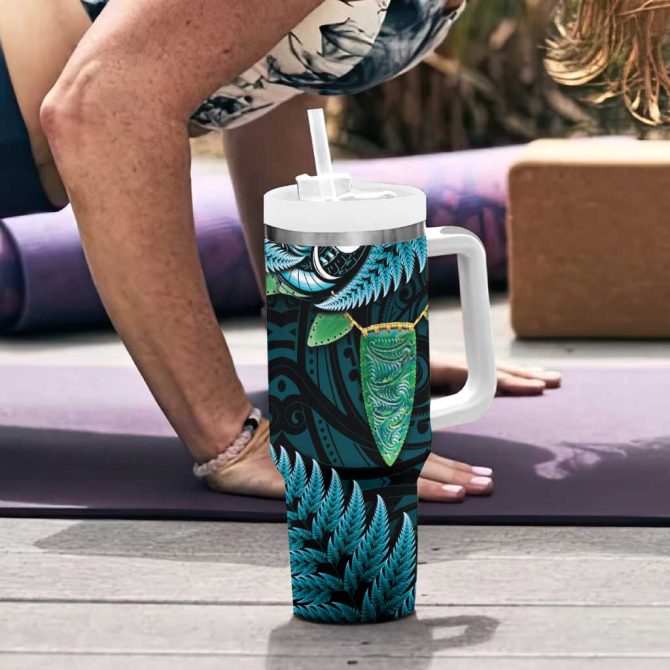 Aotearoa Pounamu Niho Silver Fern Mix Maori Turquoise Custom Stanley Quencher 40Oz Stainless Steel Tumbler With Handle - Image 6
