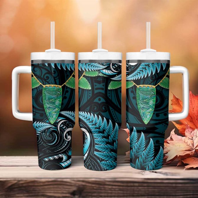 Aotearoa Pounamu Niho Silver Fern Mix Maori Turquoise Custom Stanley Quencher 40Oz Stainless Steel Tumbler With Handle - Image 4