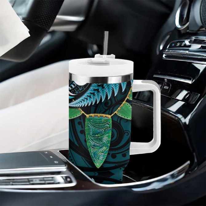Aotearoa Pounamu Niho Silver Fern Mix Maori Turquoise Custom Stanley Quencher 40Oz Stainless Steel Tumbler With Handle - Image 8
