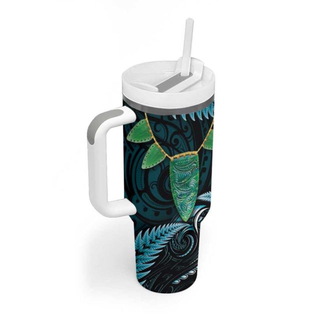 Aotearoa Pounamu Niho Silver Fern Mix Maori Turquoise Custom Stanley Quencher 40Oz Stainless Steel Tumbler With Handle - Image 2