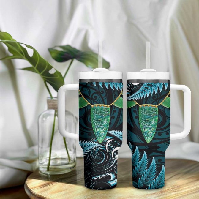 Aotearoa Pounamu Niho Silver Fern Mix Maori Turquoise Custom Stanley Quencher 40Oz Stainless Steel Tumbler With Handle - Image 9