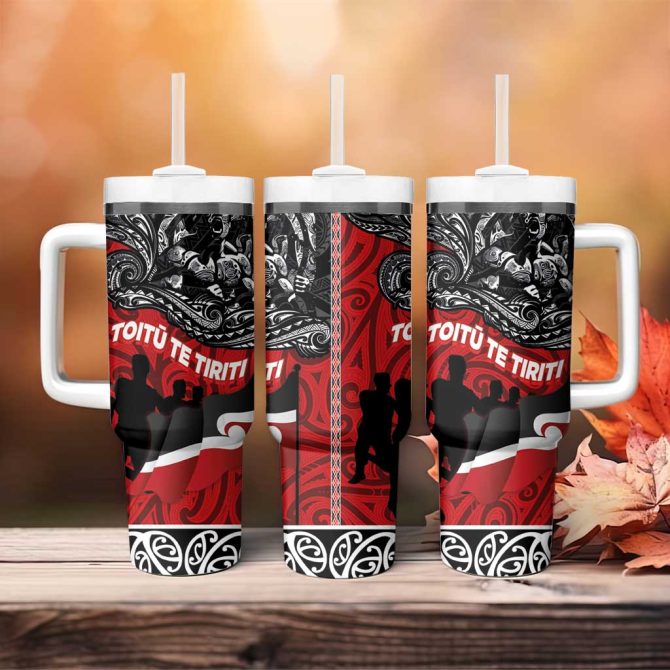 Aotearoa Toitu Te Tiriti Honoring Te Tiriti O Waitangi Maori Haka Custom Stanley Quencher 40Oz Stainless Steel Tumbler With Handle - Image 4