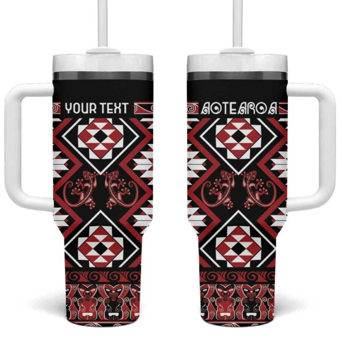 Aotearoa Waitangi Taniko Motifs Mania Gecko Custom Stanley Quencher 40Oz Stainless Steel Tumbler With Handle