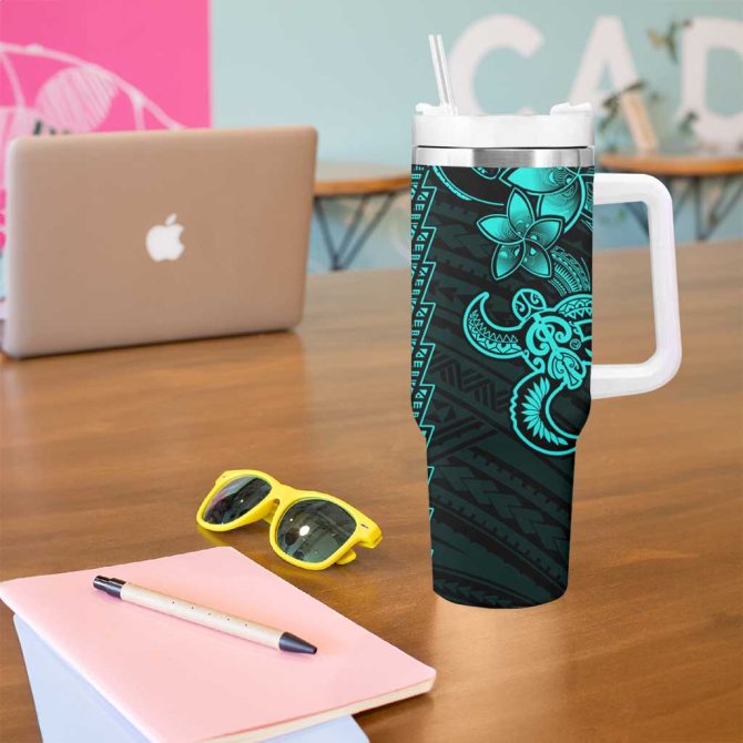 Aqua Hawaiian Kakau Turtle Polynesian Tribal Custom Stanley Quencher 40Oz Stainless Steel Tumbler With Handle - Image 5