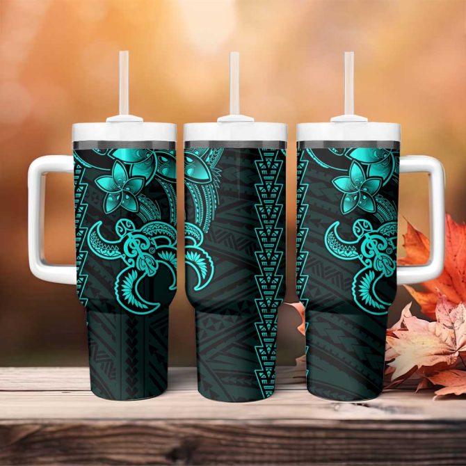 Aqua Hawaiian Kakau Turtle Polynesian Tribal Custom Stanley Quencher 40Oz Stainless Steel Tumbler With Handle - Image 4